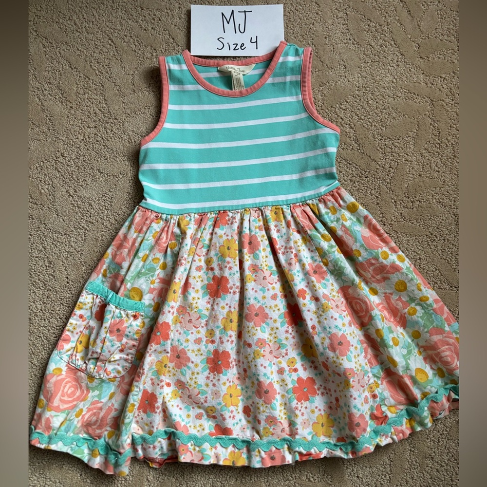 Matilda Jane Girls' Aqua Stripe & Floral Tank Dress - Size 4